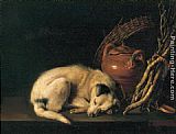 Doges Paintings - Sleeping Dog with Terracotta Jug, Basket and Kindling Wood by Gerrit Dou